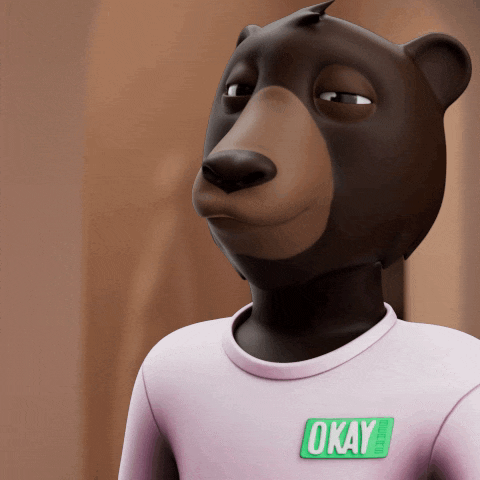 a cartoon bear wearing a pink shirt with a green okay tag on his chest
