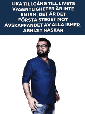 a man in a blue shirt is standing in front of a sign that says lika tillgang till livets vasentligheter