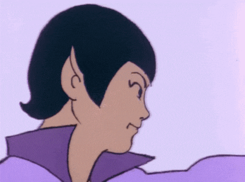a close up of a cartoon character 's face with a purple jacket on