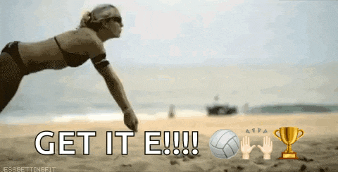 a woman in a bikini is playing volleyball on the beach with the words get it e !!! below her