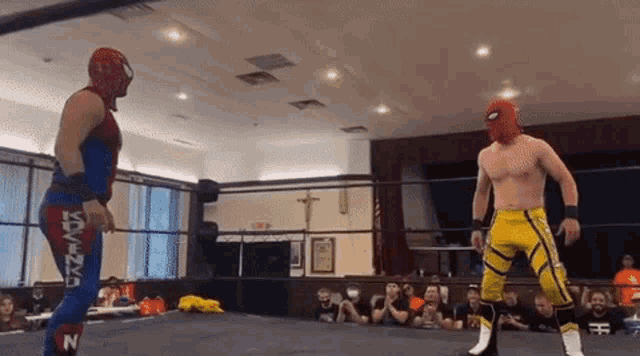a wrestler in a spiderman costume is standing next to another wrestler in a wrestling ring