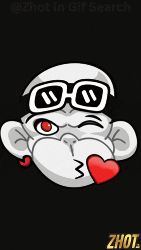 a picture of a monkey with glasses and a heart in his mouth