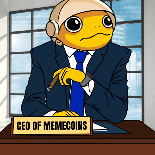 a cartoon of a man in a suit and tie holding a cigar and a sign that says ceo of memecoins