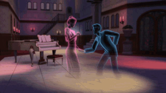 a man and a woman are dancing in a room with a piano in the background
