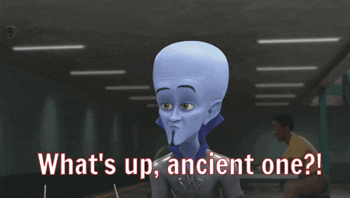 two cartoon characters are standing next to each other with the words what 's up ancient one below them