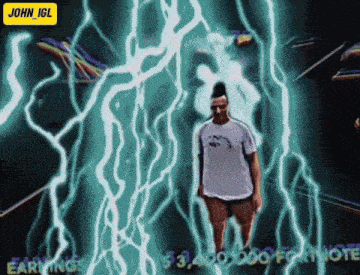 a man is standing in front of a lightning storm with the name john igl on the bottom