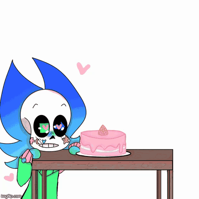 a drawing of a skeleton standing next to a pink cake with a strawberry on top