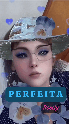 a woman wearing a cowboy hat and glasses with a rosely sticker