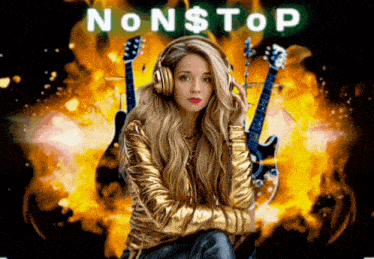 a woman wearing headphones stands in front of guitars with the words nonstop written above her