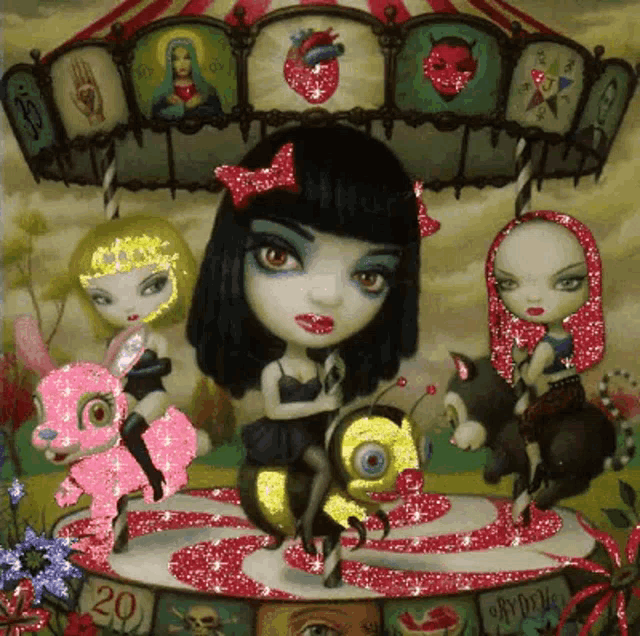 a girl is riding a bee on a merry go round
