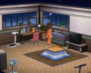 a woman is standing in a living room with a couch and a table .