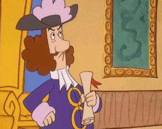 a cartoon character is holding a scroll in front of a mirror .