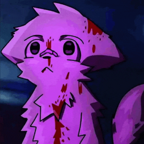 a cartoon drawing of a purple cat with blood on its face