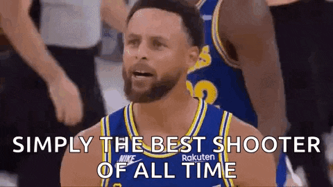 a basketball player is standing in front of a crowd and says `` simply the best shooter of all time '' .