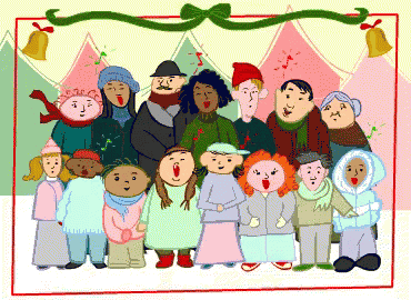 a group of people singing christmas carols in front of a christmas tree