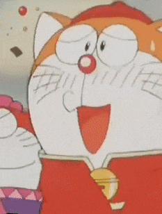 a close up of a cartoon character with a bell on his belly