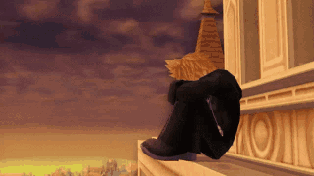 a cartoon character is sitting on a balcony looking out at the city