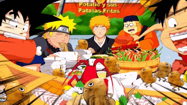 a group of anime characters are gathered around a table with potato y sus patatas fritas written on the top