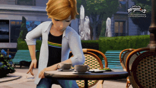 a cartoon character from infinity miraculous is sitting at a table with two cups of coffee on it