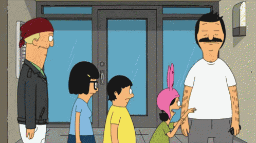 bob 's burgers characters standing outside of a building