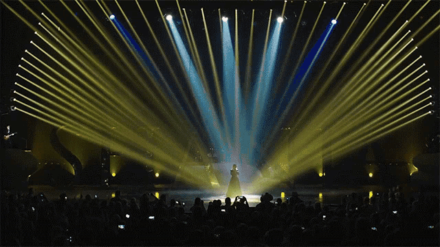 a woman stands on a stage in front of a crowd