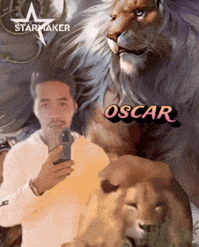 a man taking a selfie with a lion in the background and the name oscar on the bottom