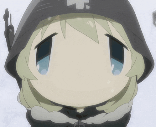 a close up of a cartoon character 's face with a cross on her hat