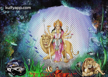 a painting of a woman holding a lion with the website kulfyapp.com in the upper right corner