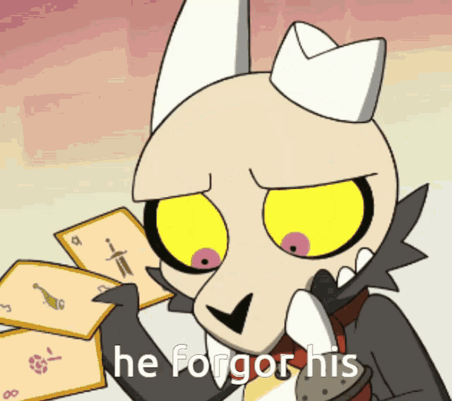 a cartoon character holding a stack of cards with the words he forgot his written below it