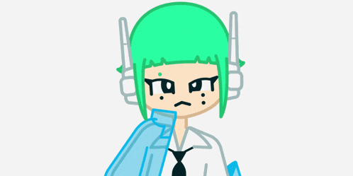 a cartoon character with green hair and headphones