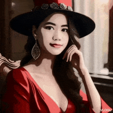 a painting of a woman wearing a red dress and a black hat with the word vlogu on the bottom