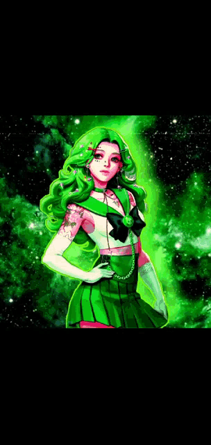 a girl with green hair and a sailor moon outfit