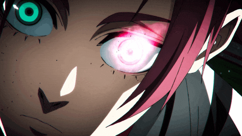 a close up of a person 's face with a glowing eye
