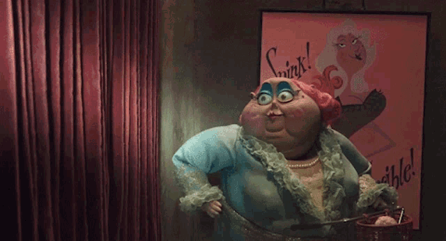 a cartoon character is standing in front of a poster that says swine