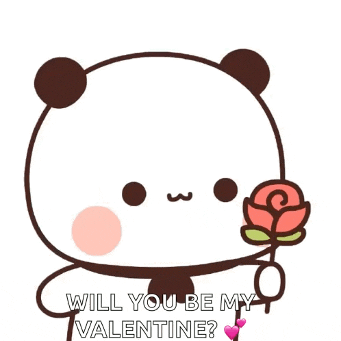 a cartoon panda bear is holding a rose and saying `` will you be my valentine ? ''