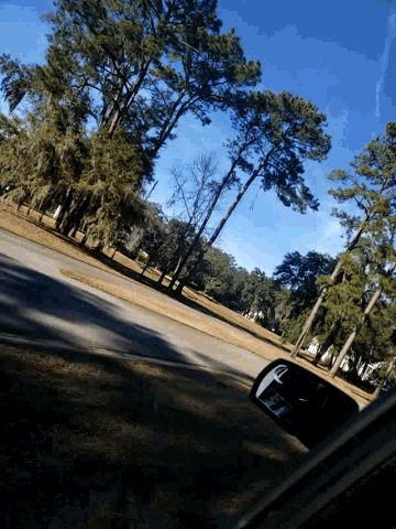 a car is driving down a road with trees on the side of it