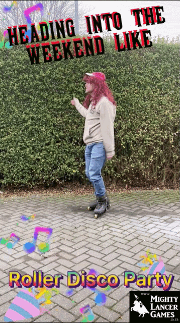a poster for a roller disco party shows a person rollerblading