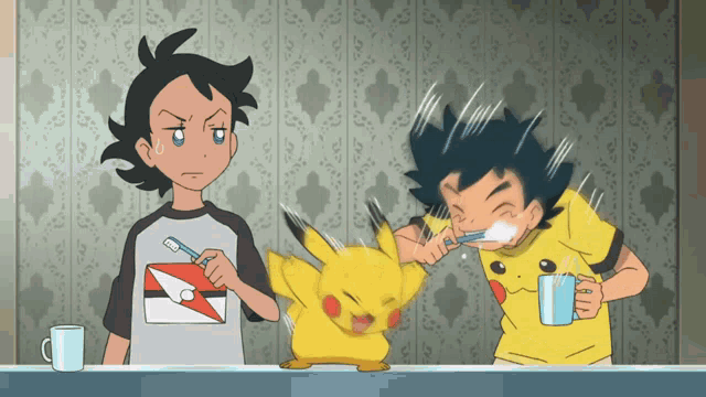 two boys are brushing their teeth with a pikachu in the middle