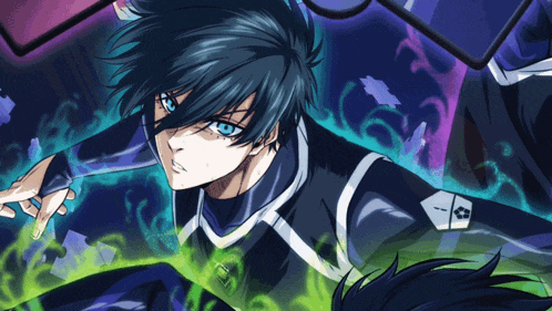 a blue haired anime character with the letter t on his sleeve