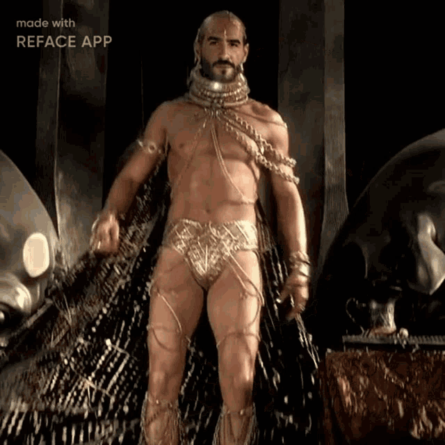 a man with a beard is standing in front of a black background that says reface app on it