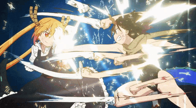 a couple of anime characters are fighting each other with their arms outstretched