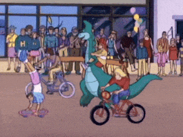 a group of people are riding bikes and skateboards in front of a building with the letter h on the front