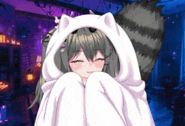 a girl with a raccoon tail is wearing a white hoodie with cat ears