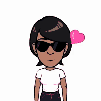 a cartoon woman wearing sunglasses and a white shirt with a pink heart behind her head .