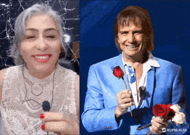 a man in a blue suit holds a red rose next to a woman