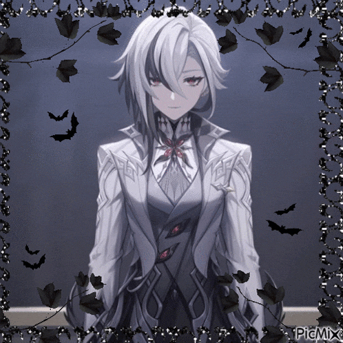 a picture of a girl with white hair is surrounded by black bats and flowers
