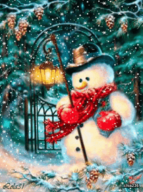 a snowman in a top hat and scarf is holding a lantern in his hand
