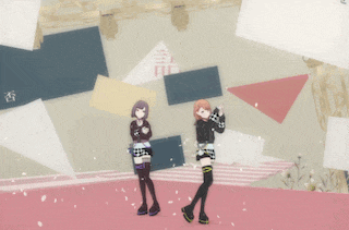 two anime girls are standing next to each other in front of a geometric background