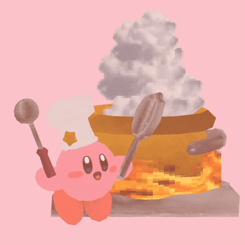 a pink cartoon character with a chef 's hat is cooking