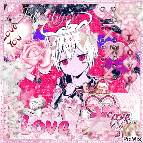 a collage of pink hearts and flowers with the words i want you love on the bottom